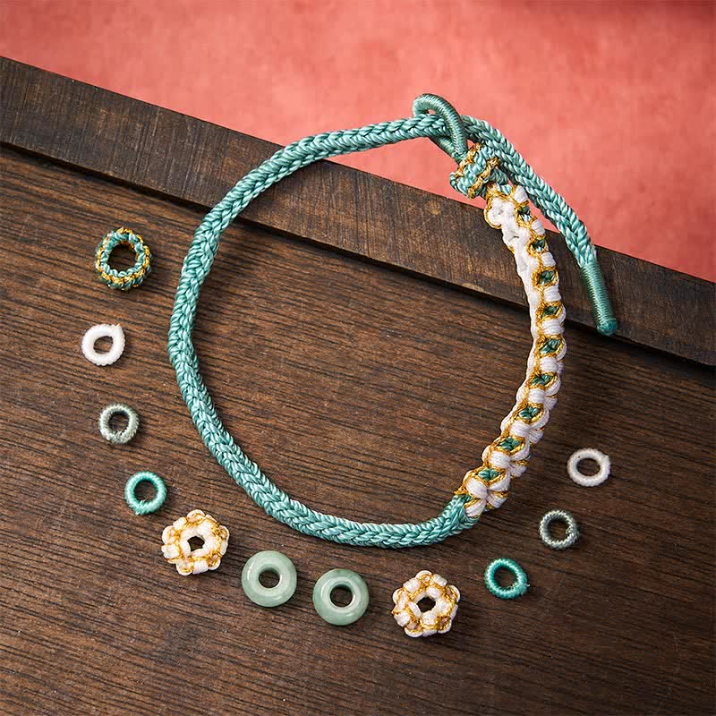 Nimara Ritual Handmade Braided Chinese Knotting Peach Blossoms Jade Luck Adjustable Bracelet