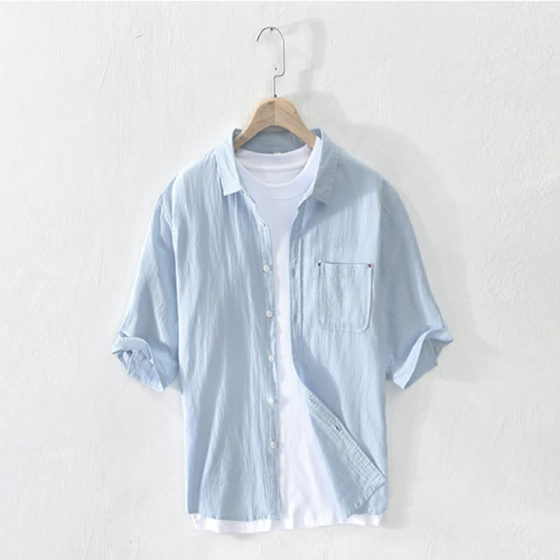 Nimara Ritual Summer Casual Minimalist Button-Up Solid Cotton Linen Men's Short Sleeve Shirts With Pocket