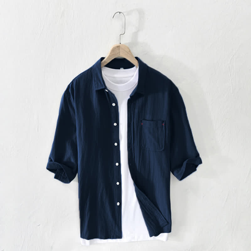 Nimara Ritual Summer Casual Minimalist Button-Up Solid Cotton Linen Men's Short Sleeve Shirts With Pocket