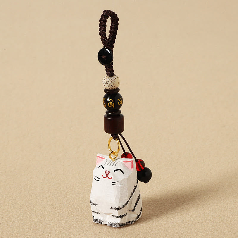Nimara Ritual Hand Carved Wooden Cat Om Mani Padme Hum Peace Keychains