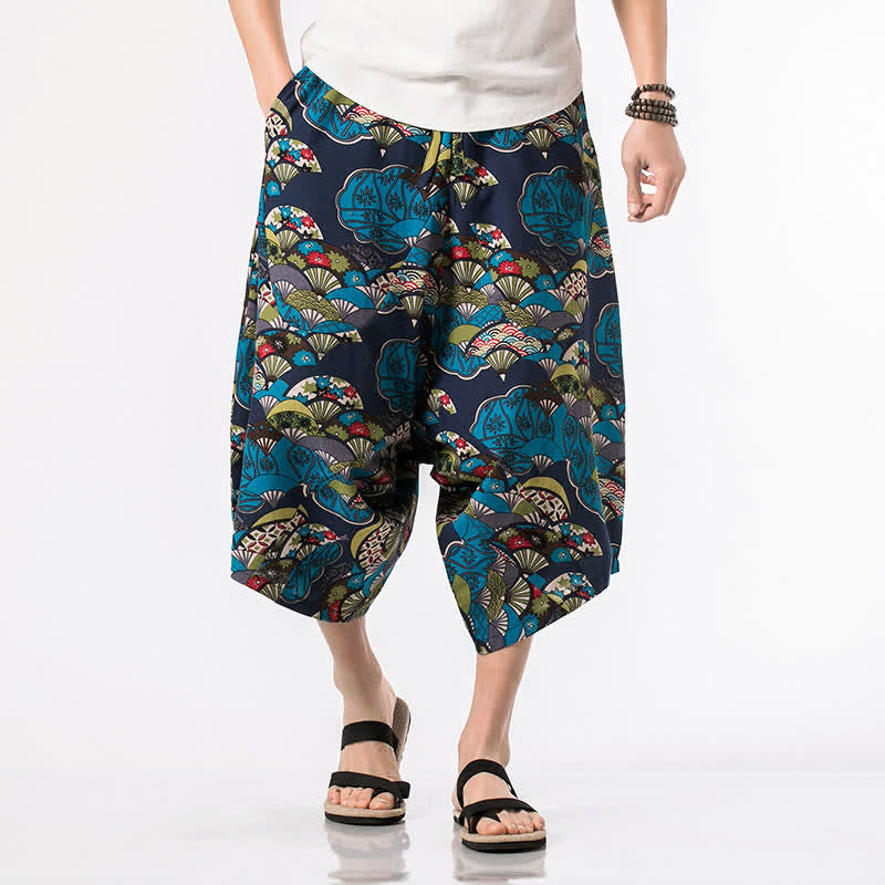 Nimara Ritual Summer Boho Casual Drawstring Floral Cotton Linen Capri Pants Men's Harem Pants With Pocket