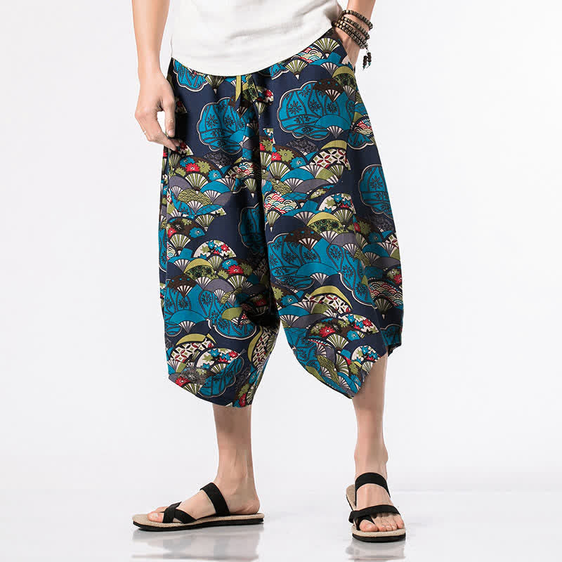 Nimara Ritual Summer Boho Casual Drawstring Floral Cotton Linen Capri Pants Men's Harem Pants With Pocket