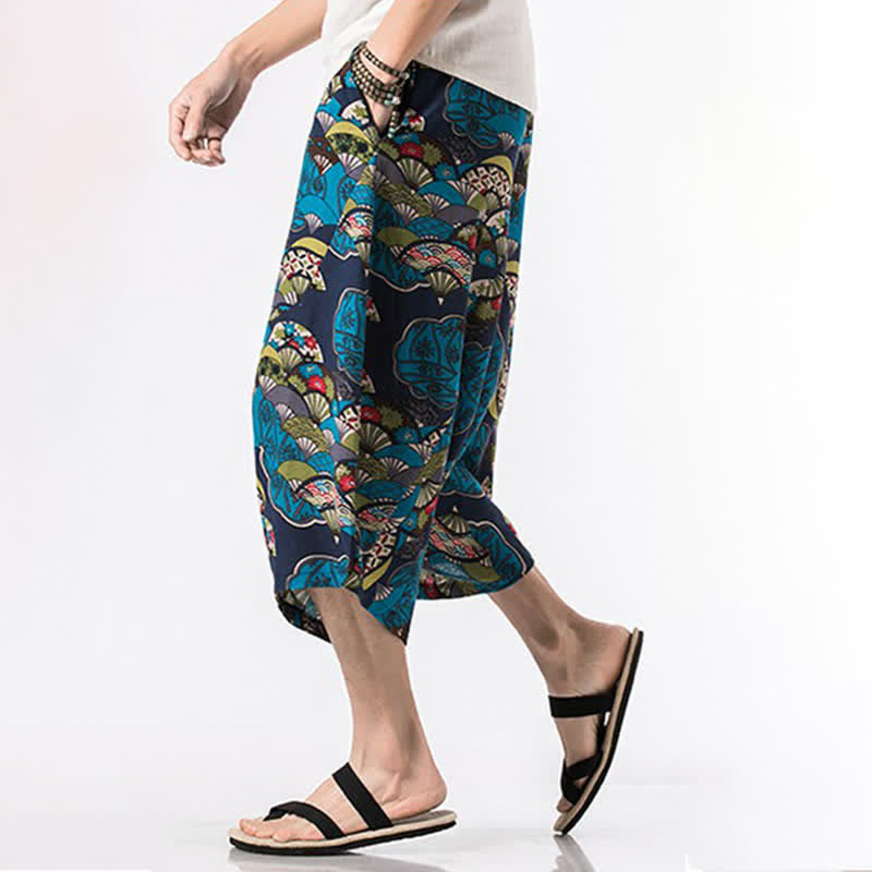 Nimara Ritual Summer Boho Casual Drawstring Floral Cotton Linen Capri Pants Men's Harem Pants With Pocket