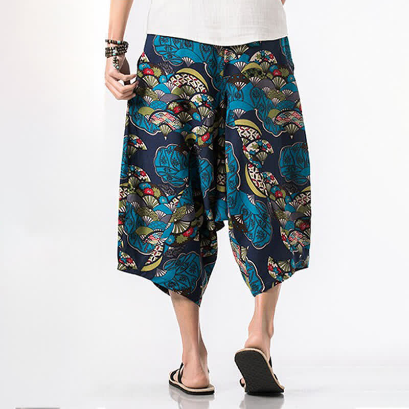 Nimara Ritual Summer Boho Casual Drawstring Floral Cotton Linen Capri Pants Men's Harem Pants With Pocket