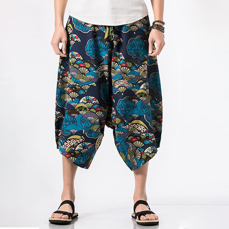 Nimara Ritual Summer Boho Casual Drawstring Floral Cotton Linen Capri Pants Men's Harem Pants With Pocket