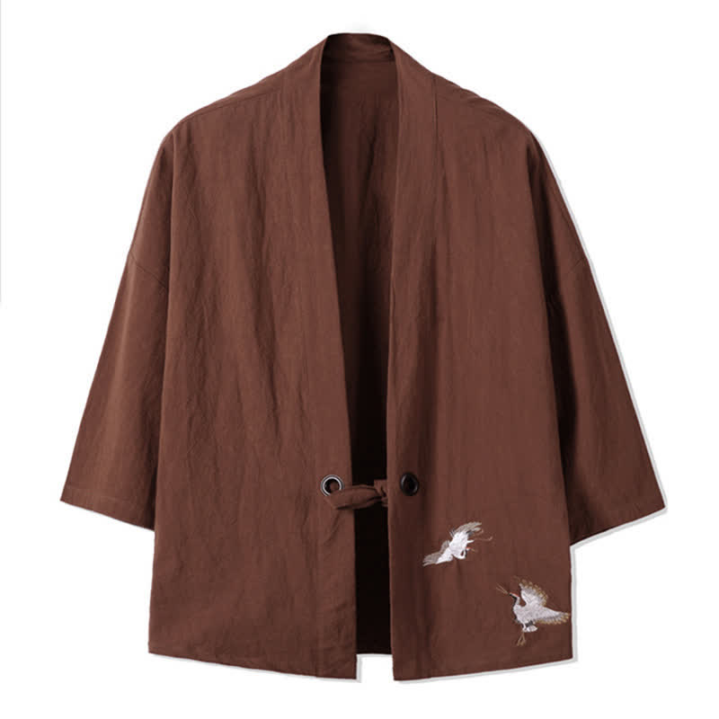 Nimara Ritual Fall Casual Vintage Embroidery Crane Cotton Linen Men's Kimonos