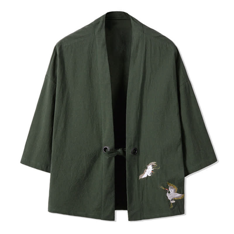 Nimara Ritual Fall Casual Vintage Embroidery Crane Cotton Linen Men's Kimonos