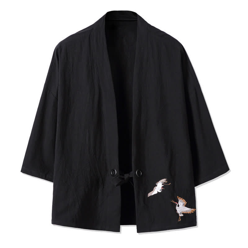 Nimara Ritual Fall Casual Vintage Embroidery Crane Cotton Linen Men's Kimonos