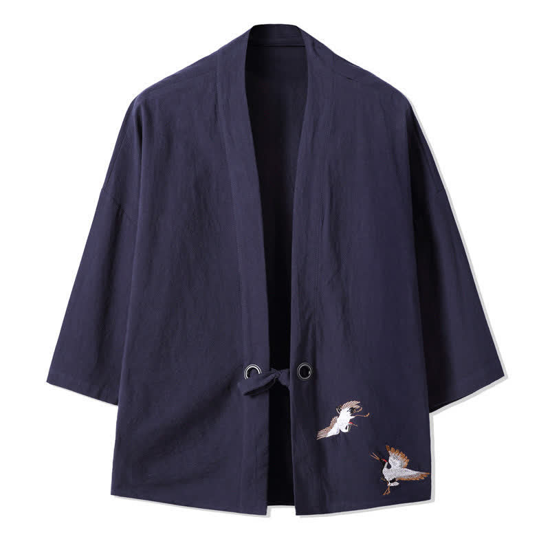 Nimara Ritual Fall Casual Vintage Embroidery Crane Cotton Linen Men's Kimonos