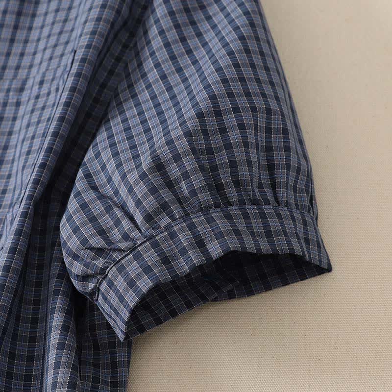 Nimara Ritual Summer Casual Vintage Mandarin Collar Button-Up Plaid Women's Short Sleeve Shirts With Pocket