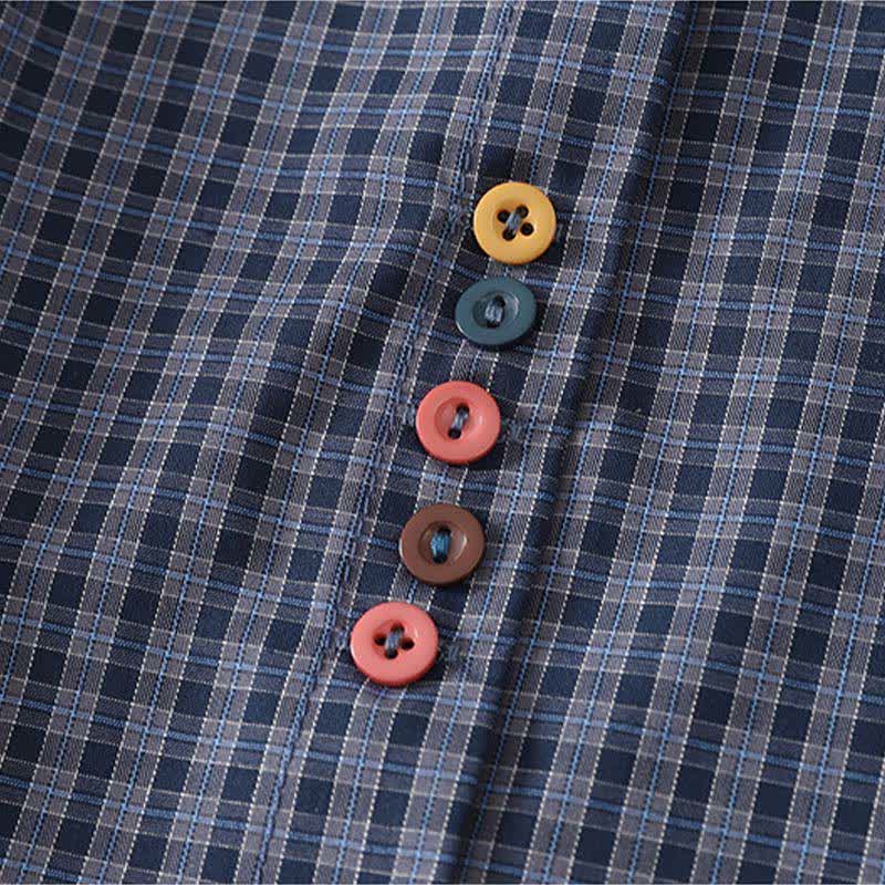 Nimara Ritual Summer Casual Vintage Mandarin Collar Button-Up Plaid Women's Short Sleeve Shirts With Pocket