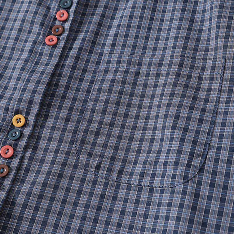 Nimara Ritual Summer Casual Vintage Mandarin Collar Button-Up Plaid Women's Short Sleeve Shirts With Pocket
