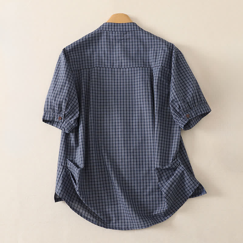 Nimara Ritual Summer Casual Vintage Mandarin Collar Button-Up Plaid Women's Short Sleeve Shirts With Pocket