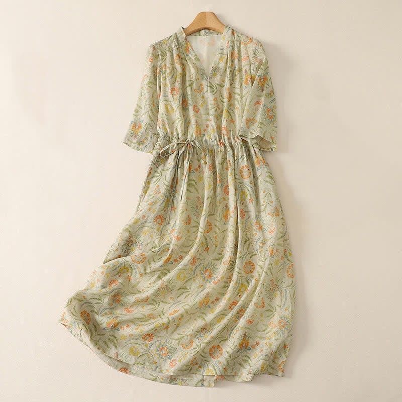 Nimara Ritual Summer Boho Drawstring Floral Women's Short Sleeve Dress With Pocket