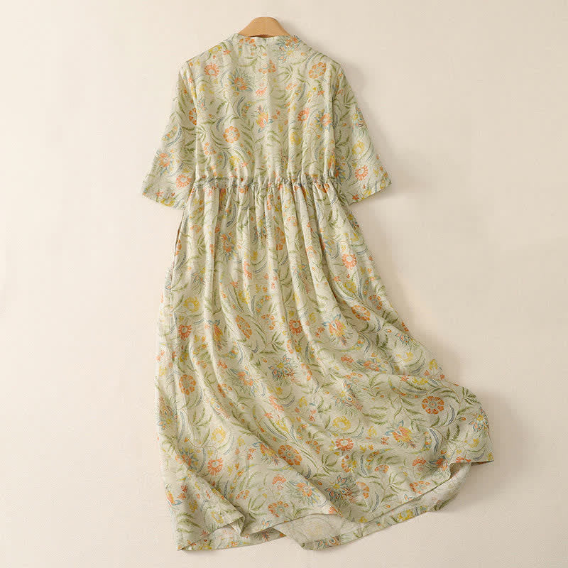 Nimara Ritual Summer Boho Drawstring Floral Women's Short Sleeve Dress With Pocket