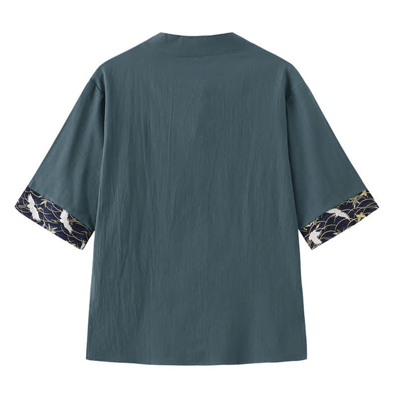 Nimara Ritual Summer Tang Style Vintage Frog Button Crane Men's Short Sleeve Shirts