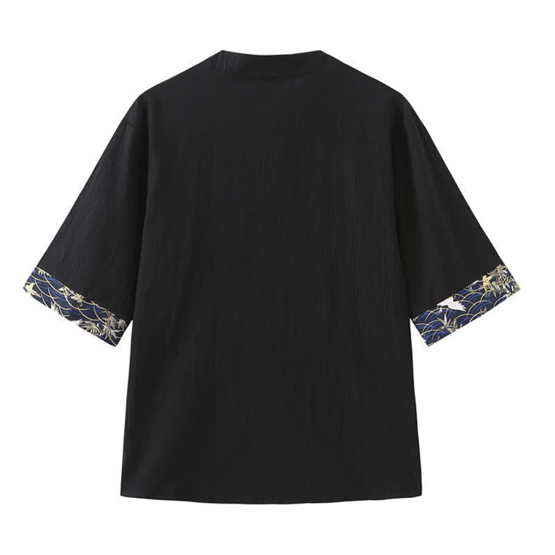 Nimara Ritual Summer Tang Style Vintage Frog Button Crane Men's Short Sleeve Shirts
