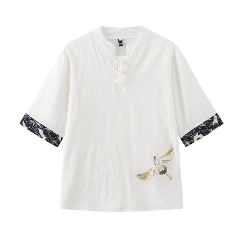 Nimara Ritual Summer Tang Style Vintage Frog Button Crane Men's Short Sleeve Shirts