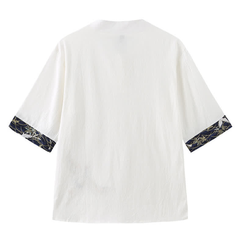 Nimara Ritual Summer Tang Style Vintage Frog Button Crane Men's Short Sleeve Shirts