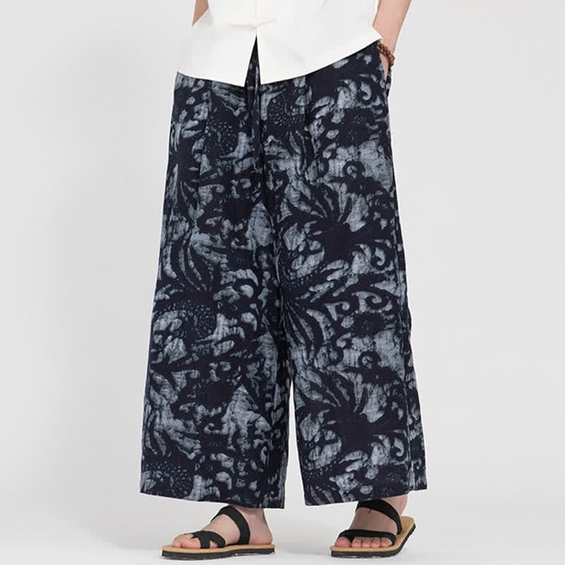 Nimara Ritual Summer Boho Casual Drawstring Abstract Cropped Pants Men's Straight Leg Pants With Pocket
