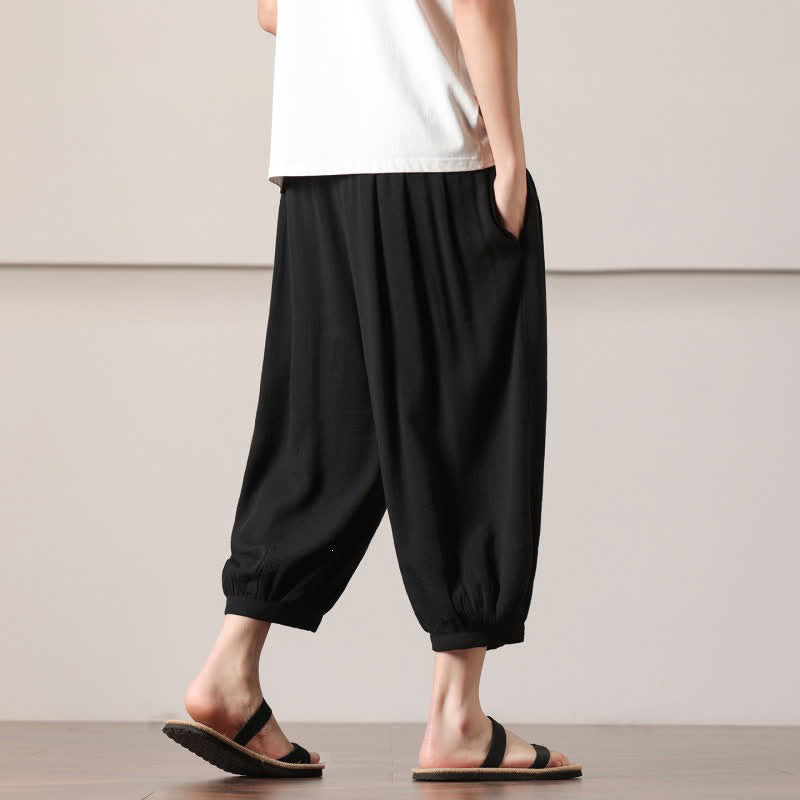 Nimara Ritual Summer Casual Minimalist Drawstring Solid Capri Pants Men's Harem Pants With Pocket