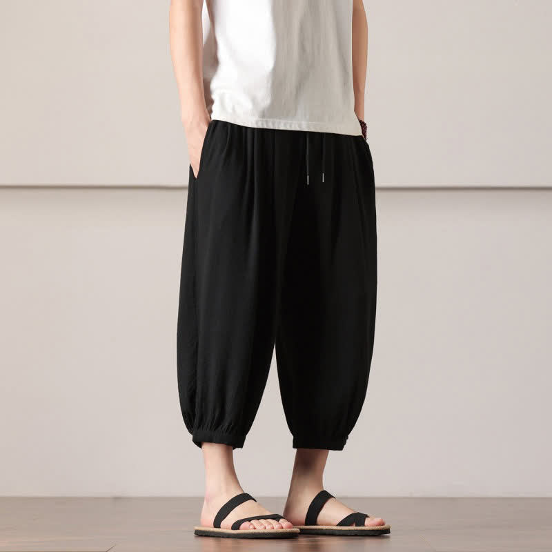 Nimara Ritual Summer Casual Minimalist Drawstring Solid Capri Pants Men's Harem Pants With Pocket