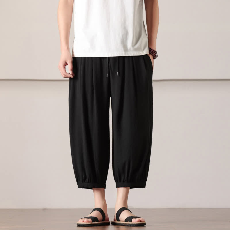 Nimara Ritual Summer Casual Minimalist Drawstring Solid Capri Pants Men's Harem Pants With Pocket