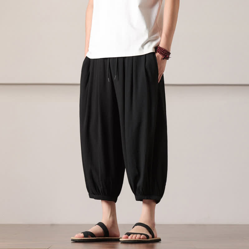 Nimara Ritual Summer Casual Minimalist Drawstring Solid Capri Pants Men's Harem Pants With Pocket