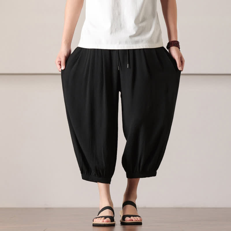 Nimara Ritual Summer Casual Minimalist Drawstring Solid Capri Pants Men's Harem Pants With Pocket