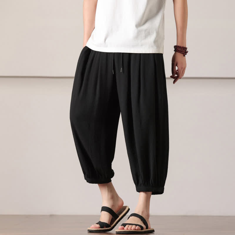 Nimara Ritual Summer Casual Minimalist Drawstring Solid Capri Pants Men's Harem Pants With Pocket
