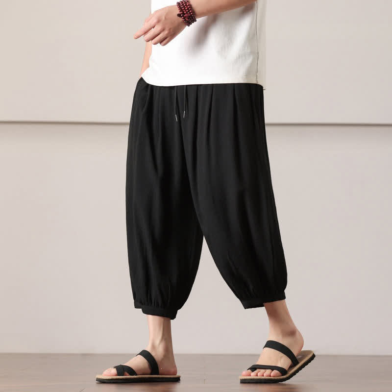 Nimara Ritual Summer Casual Minimalist Drawstring Solid Capri Pants Men's Harem Pants With Pocket