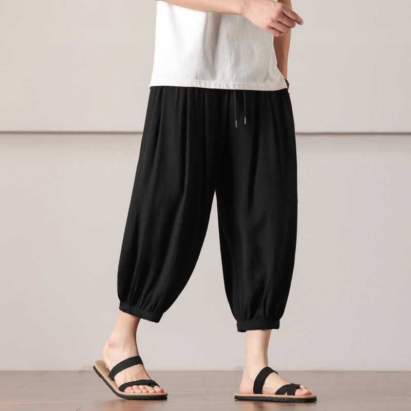 Nimara Ritual Summer Casual Minimalist Drawstring Solid Capri Pants Men's Harem Pants With Pocket