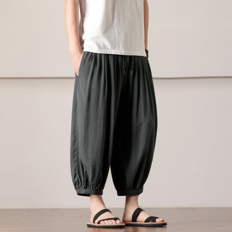 Nimara Ritual Summer Casual Minimalist Drawstring Solid Capri Pants Men's Harem Pants With Pocket