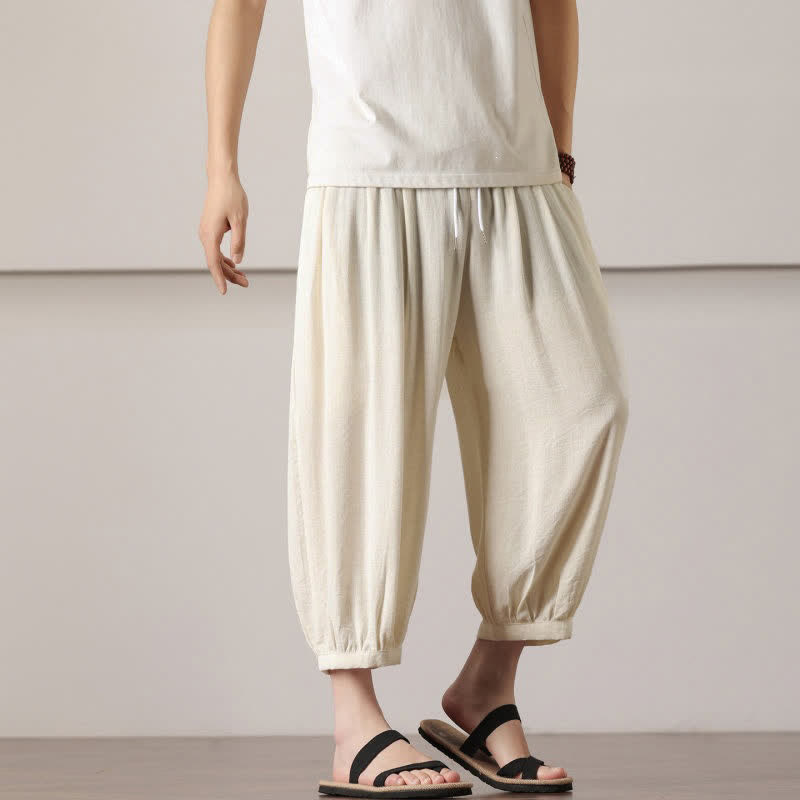 Nimara Ritual Summer Casual Minimalist Drawstring Solid Capri Pants Men's Harem Pants With Pocket