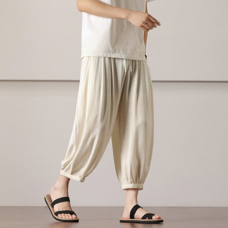 Nimara Ritual Summer Casual Minimalist Drawstring Solid Capri Pants Men's Harem Pants With Pocket