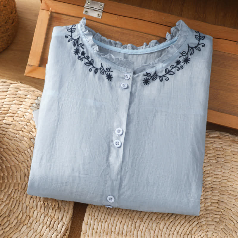 Nimara Ritual Summer Casual Vintage Light Blue Embroidery Button-Up Solid Women's Elbow-Length Sleeve Shirts