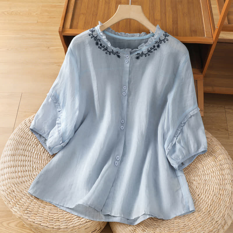 Nimara Ritual Summer Casual Vintage Light Blue Embroidery Button-Up Solid Women's Elbow-Length Sleeve Shirts