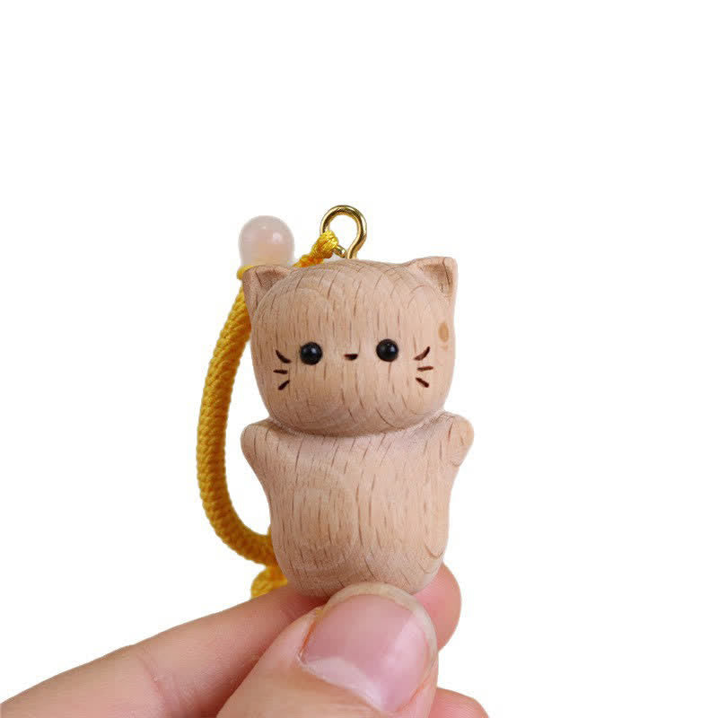 Nimara Ritual Beech Wood Lucky Cat Handmade Tassel Keychains