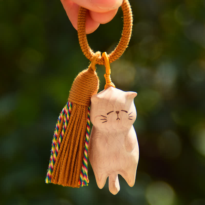 Nimara Ritual Beech Wood Cat Peace Tassel Bag Charm Keychains