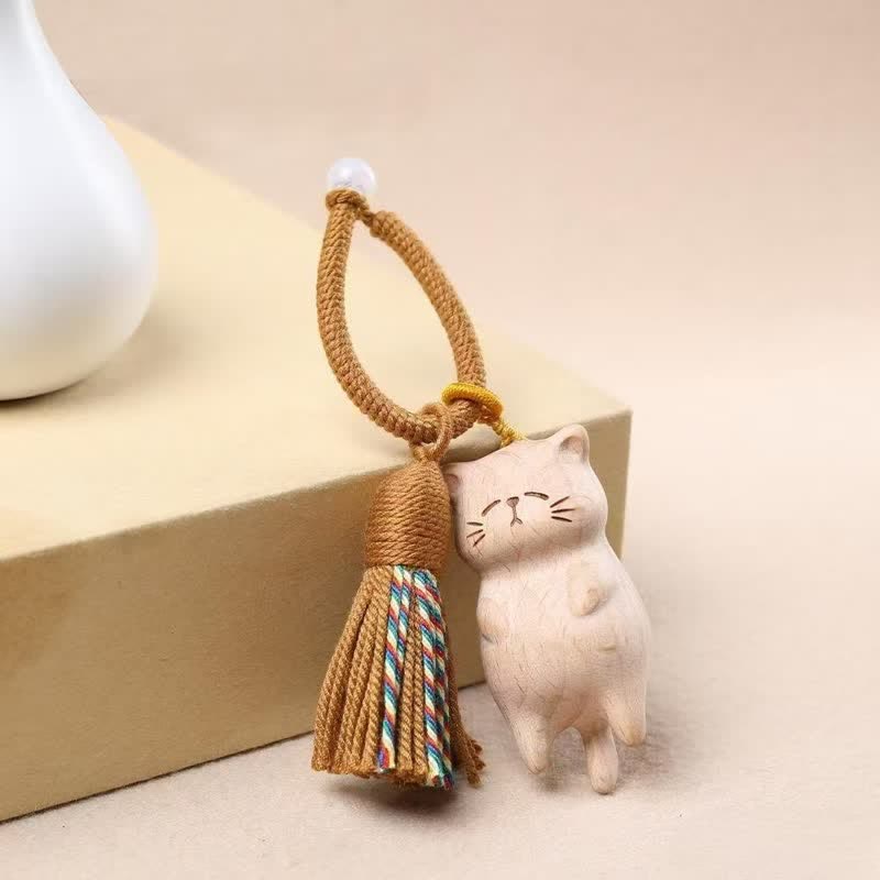 Nimara Ritual Beech Wood Cat Peace Tassel Bag Charm Keychains