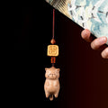Calm Energy Beech Wood Hand Carved Lucky Cat Phone Hanging Decoration