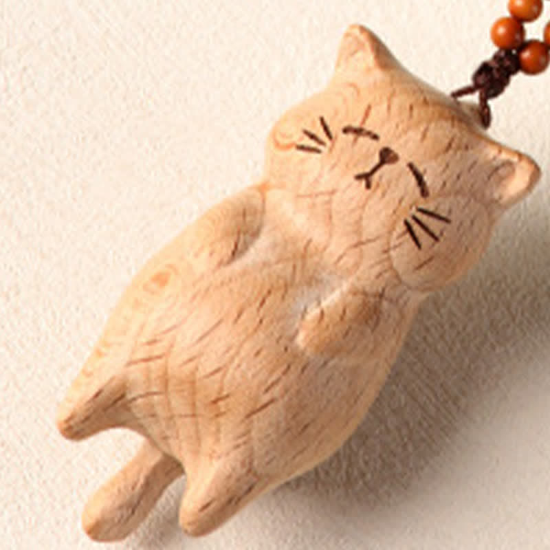 Calm Energy Beech Wood Hand Carved Lucky Cat Phone Hanging Decoration