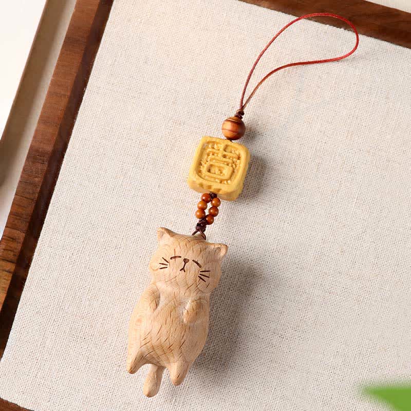 Calm Energy Beech Wood Hand Carved Lucky Cat Phone Hanging Decoration