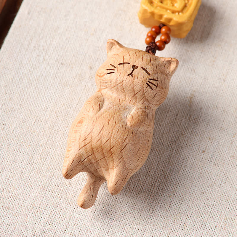 Nimara Ritual Beech Wood Hand Carved Lucky Cat Phone Hanging Decoration