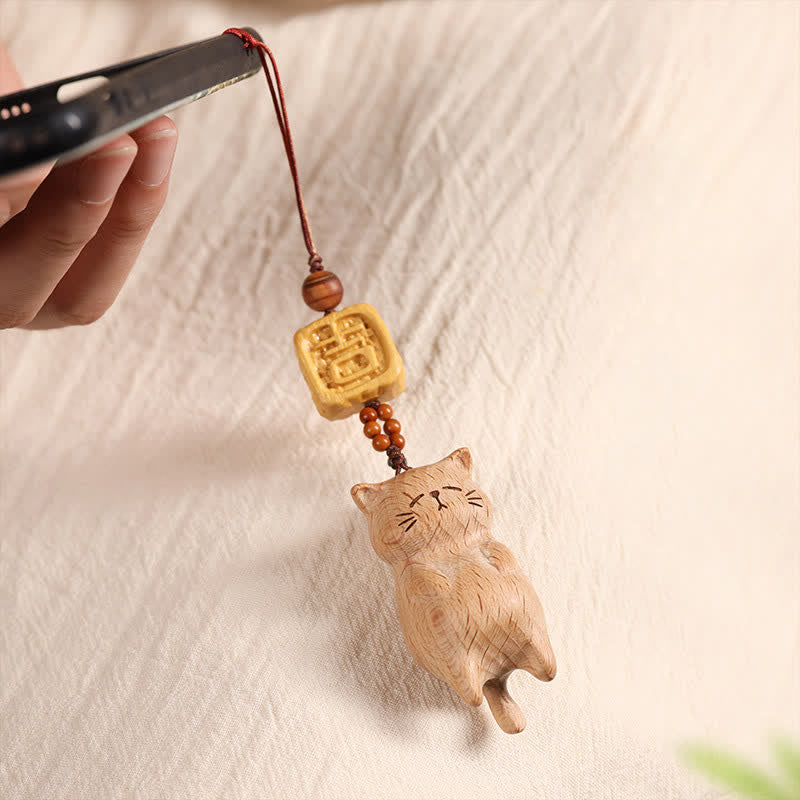 Calm Energy Beech Wood Hand Carved Lucky Cat Phone Hanging Decoration