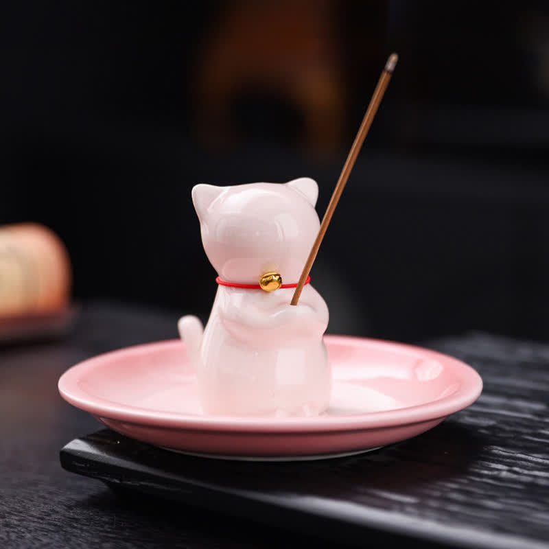 Nimara Ritual Ceramic Kawaii Cat Incense Burner with Ash Catching Tray Without Incense