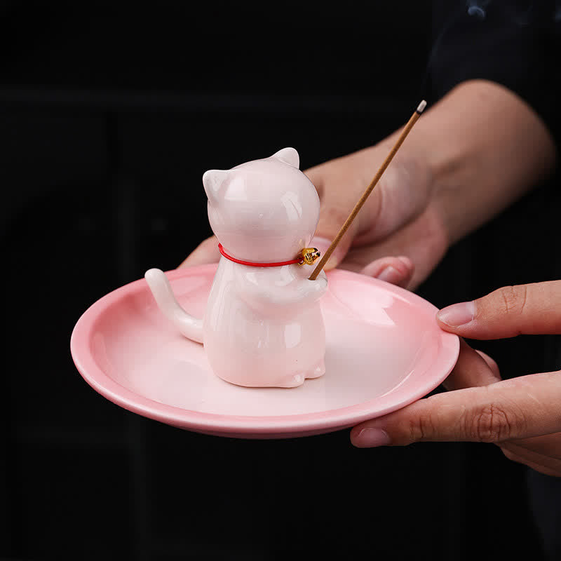 Nimara Ritual Ceramic Kawaii Cat Incense Burner with Ash Catching Tray Without Incense