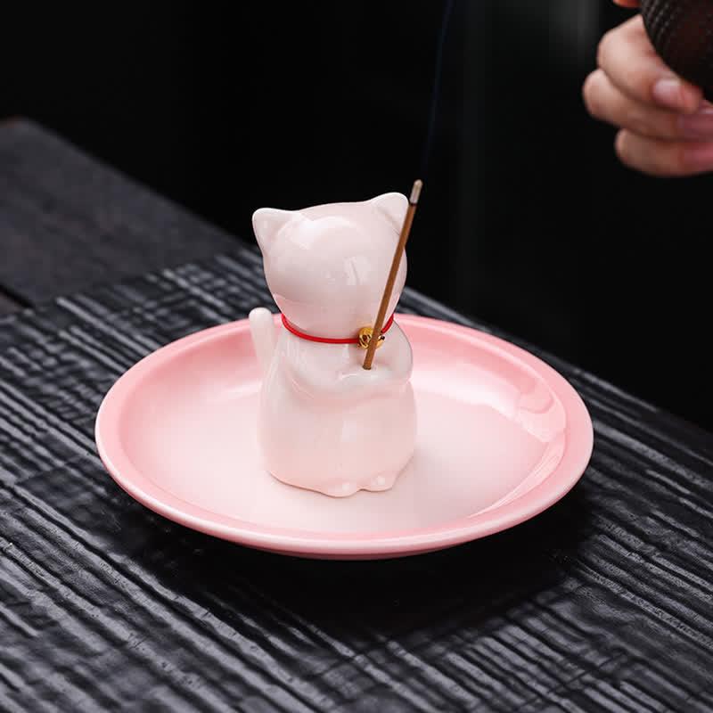 Nimara Ritual Ceramic Kawaii Cat Incense Burner with Ash Catching Tray Without Incense