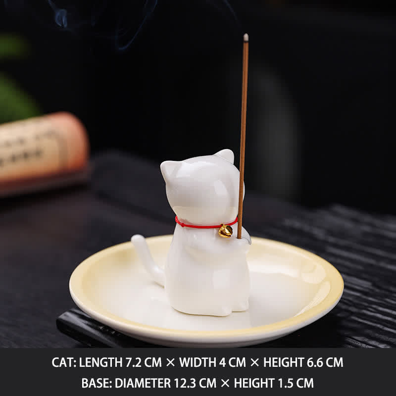 Nimara Ritual Ceramic Kawaii Cat Incense Burner with Ash Catching Tray Without Incense