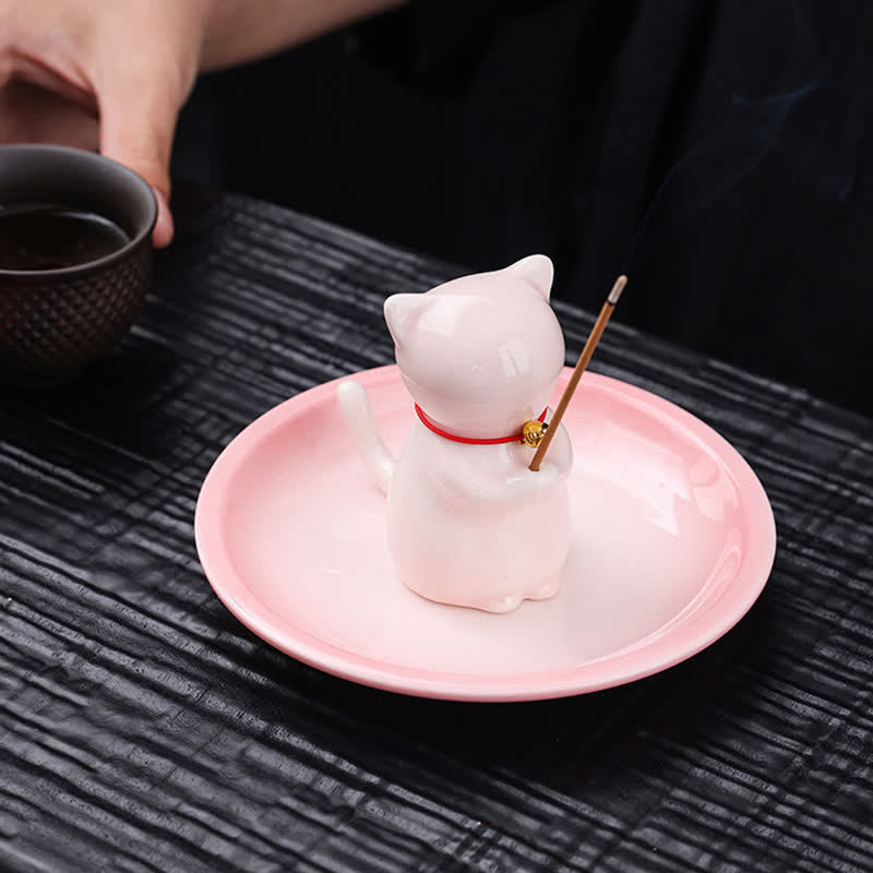Nimara Ritual Ceramic Kawaii Cat Incense Burner with Ash Catching Tray Without Incense
